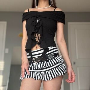 Rhinestone Cross Pendant Off The Shoulder Black Crop Top with Front Ruffle Trim